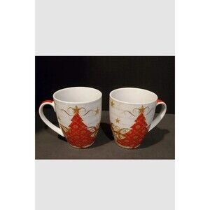 Season's Greetings Holiday Coffee Mugs 10 Oz, Christmas Tree Porcelain Cups (2)